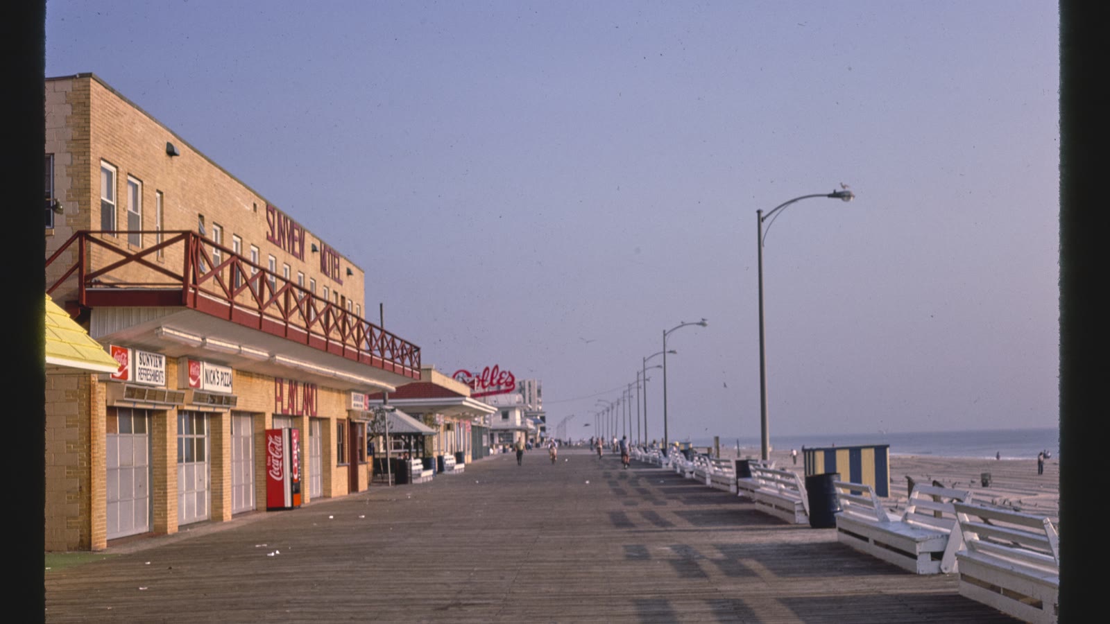 The boardwalk and storefronts at Rehoboth Beach, Delaware