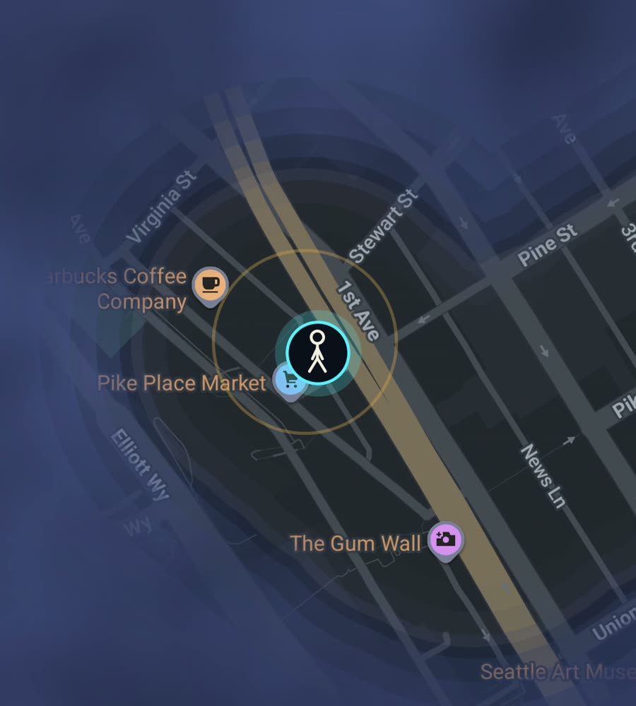 Seattle on the FOG map, streets revealed along a walked route