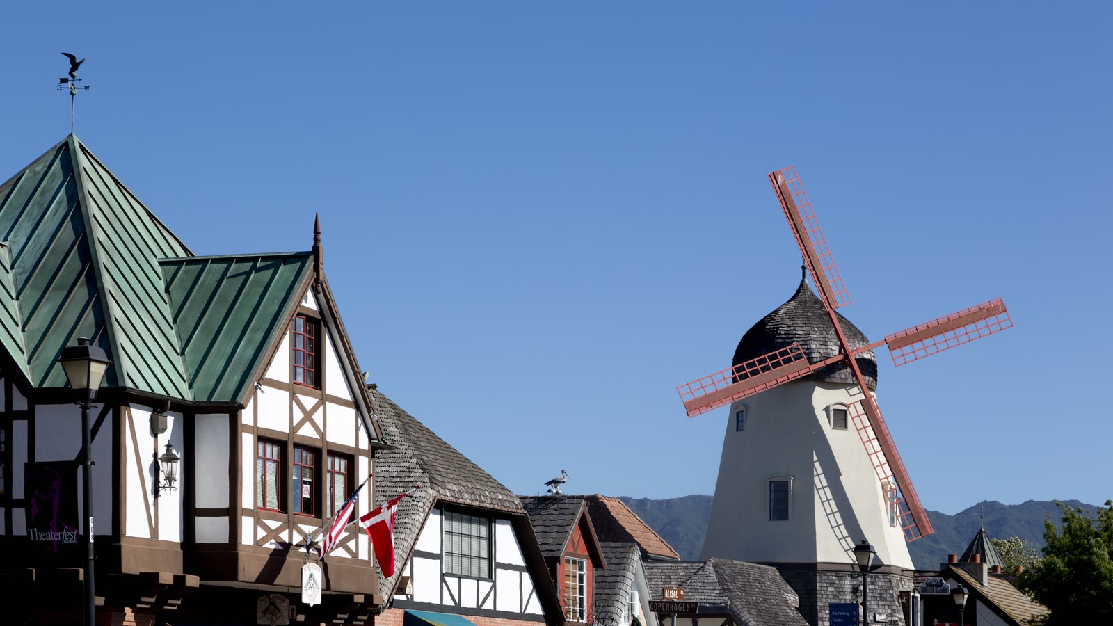 A windmill and half-timbered Danish storefronts in Solvang, California