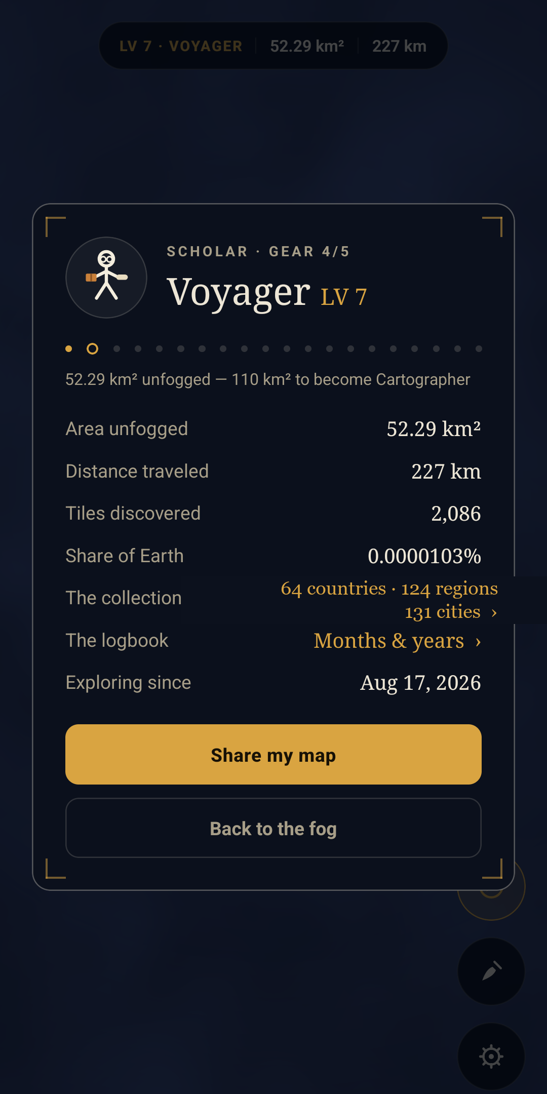 FOG stats screen with rank, area revealed and share of Earth
